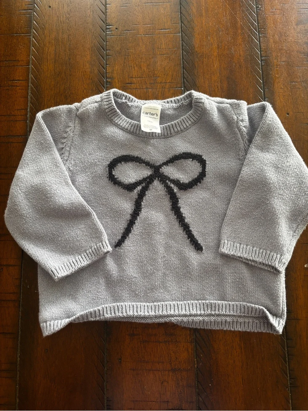 Blue Gray Knit Baby Sweater & Pants Set with Black Bow